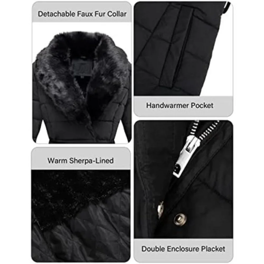 Women's Puffer Jacket Faux Leather Bubble Padding Sherpa-Lined Coat, Black - Picture 4 of 6